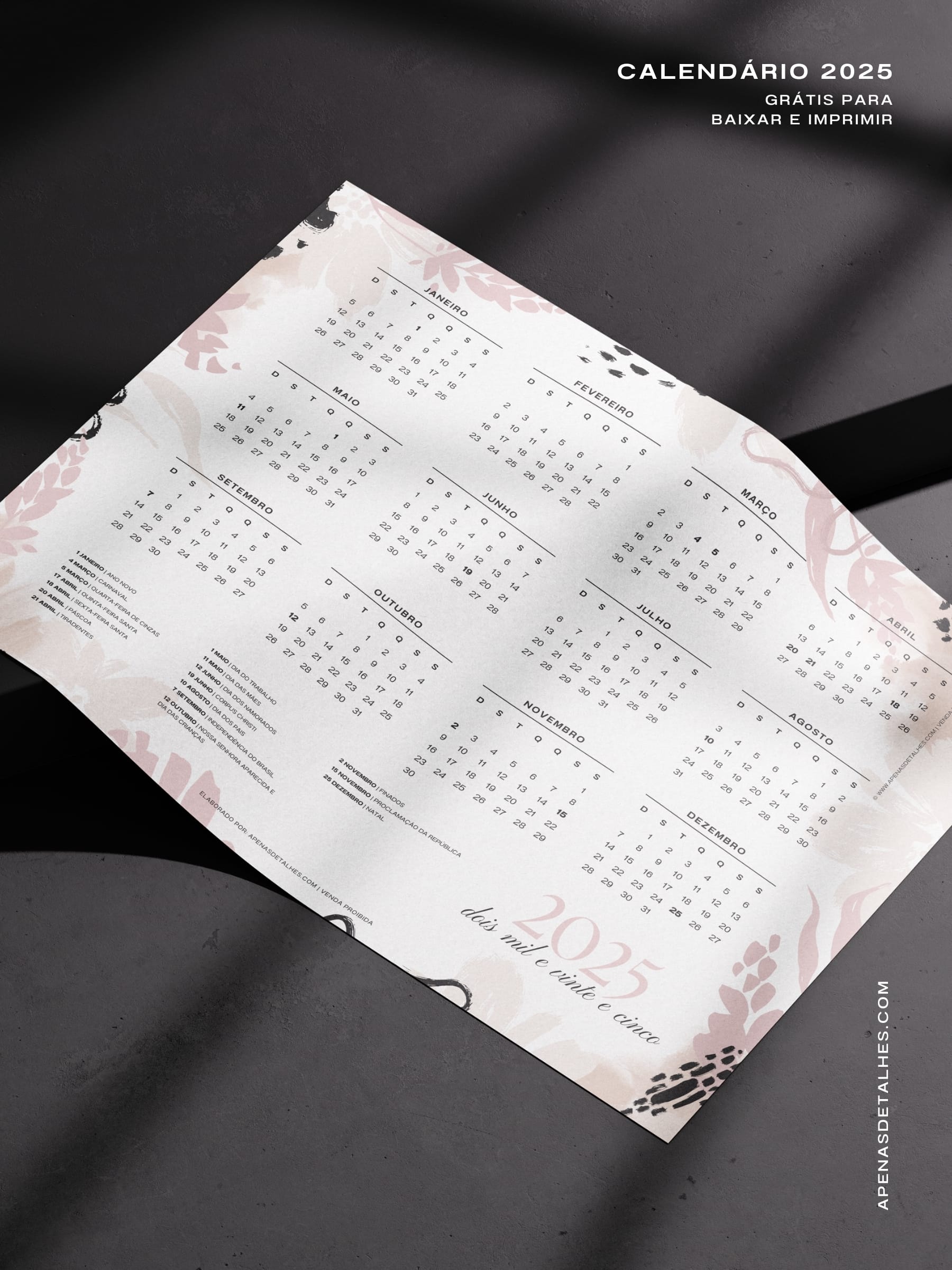 Calendário anual 2025 grátis para baixar e imprimir